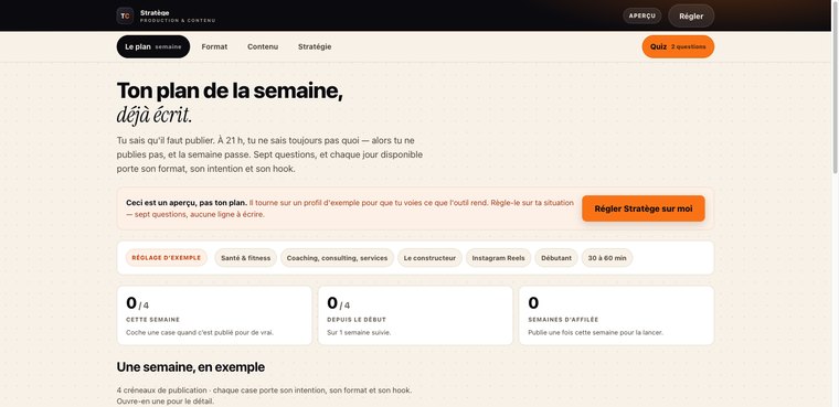 Pack du créateur ouvert sur le plan de la semaine : la barre d'outils Format · Contenu · Stratégie, le bandeau « Ceci est un aperçu, pas ton plan » avec son bouton de réglage, les six réglages d'exemple et les trois compteurs de publication.